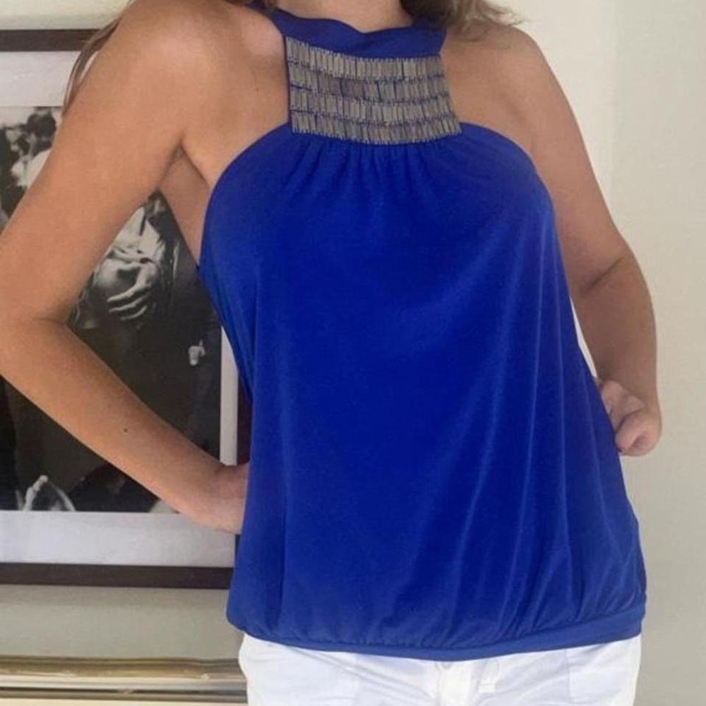 00s blue halter top with silver beaded neckline